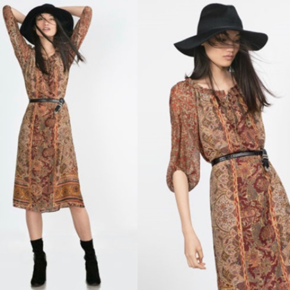 Zara NWOT balloon sleeve oriental print midi dress